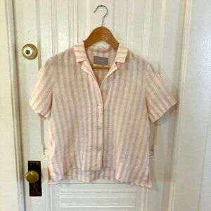 Everlane Short-Sleeve Linen Collared Button-Down in Pink & White Stripes
